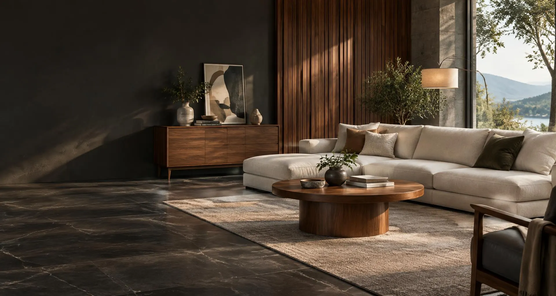 Contemporary living room with a crafted walnut coffee table and upholstered sofa